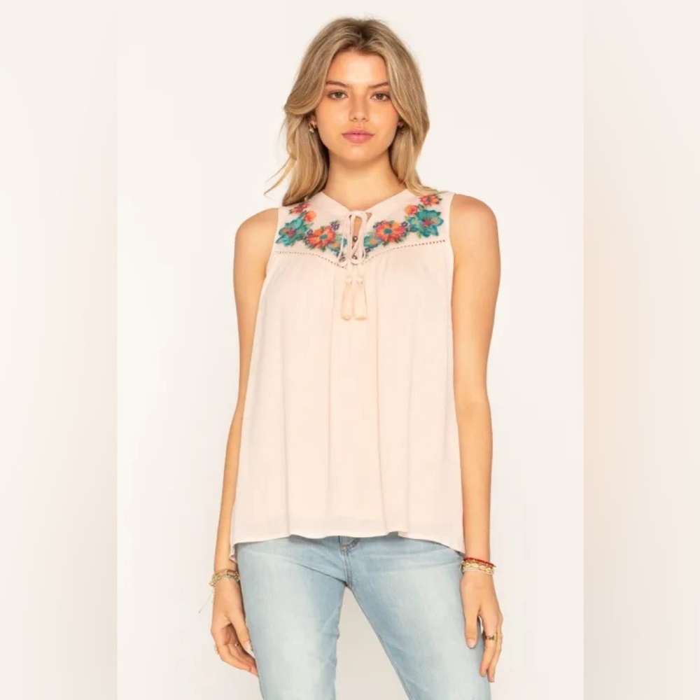 MISS ME women's pink embroidered floral tank top S lined tassels cottagecore
